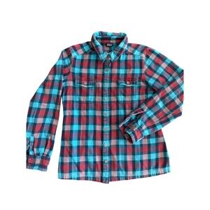Patagonia Women Teal Red Plaid Organic Cotton Flannel Button Down Shirt Regular